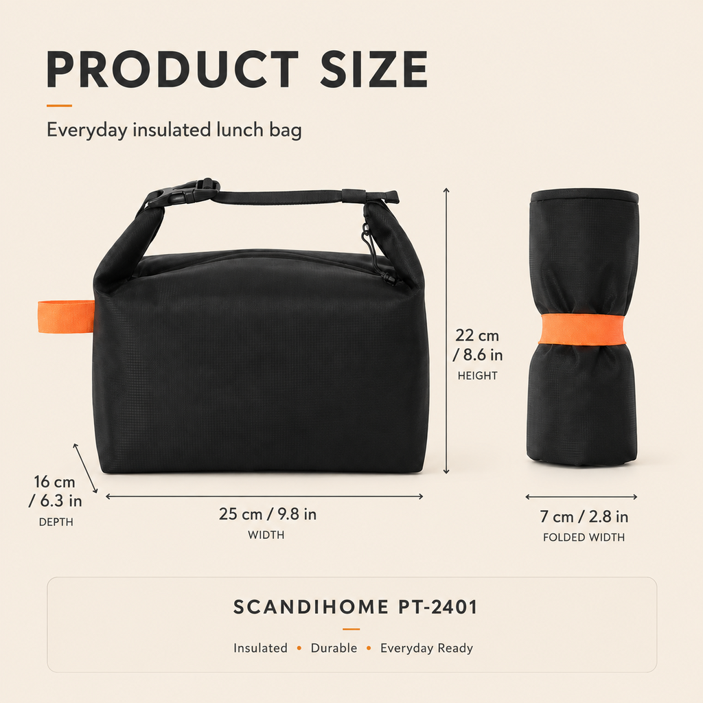 ScandiHome insulated lunch bag dimensions 25 by 16 by 22 cm