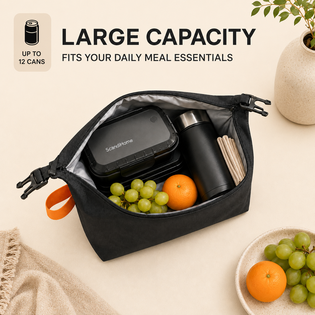 Large capacity insulated lunch bag holding lunch boxes bottle and fruit