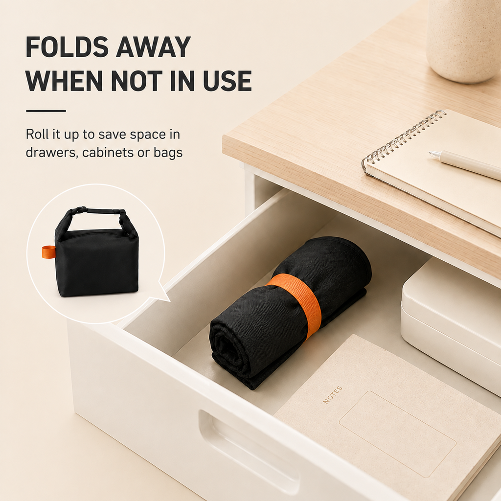 Foldable insulated lunch bag rolled for compact storage