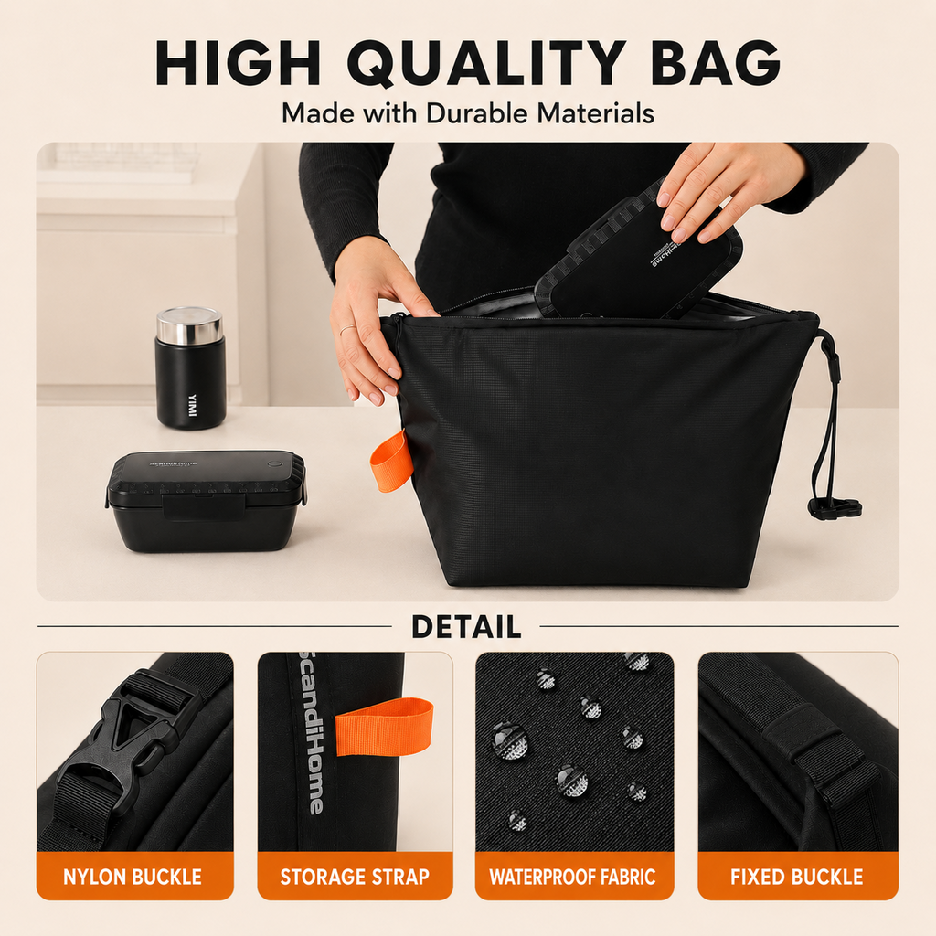Insulated lunch bag buckle strap and fabric details