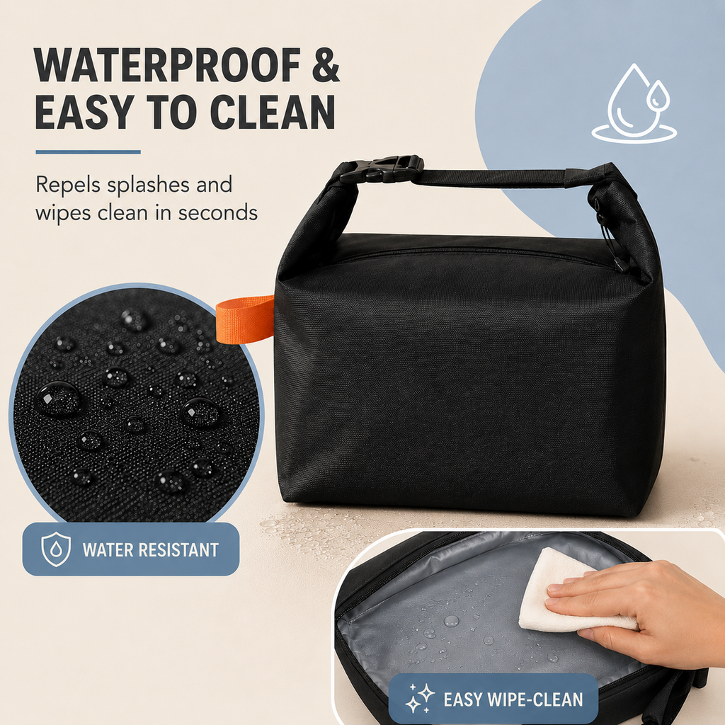 Water-resistant lunch bag exterior and easy-wipe lining