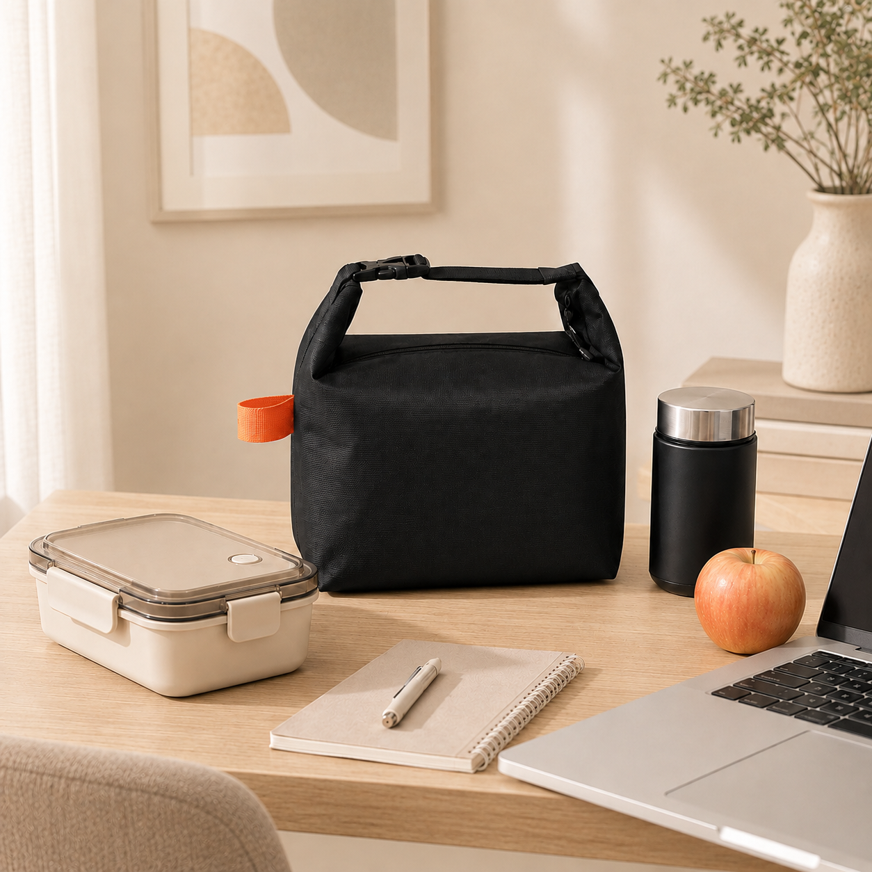 Black insulated lunch bag on a minimalist office desk