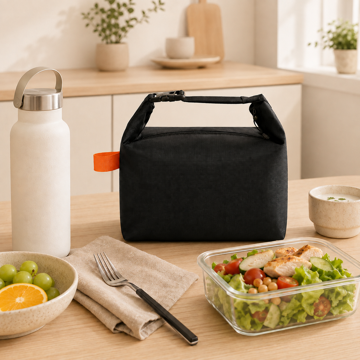 Insulated lunch bag with meal container bottle and salad on kitchen table