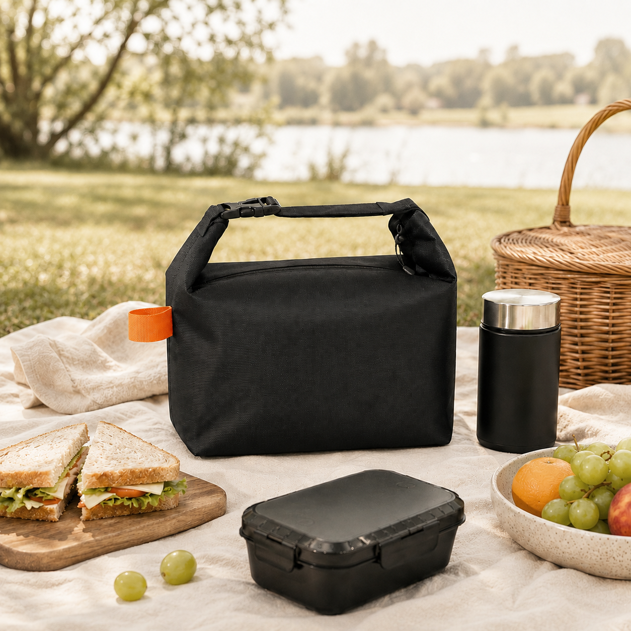 Black insulated lunch bag in a lakeside picnic setting