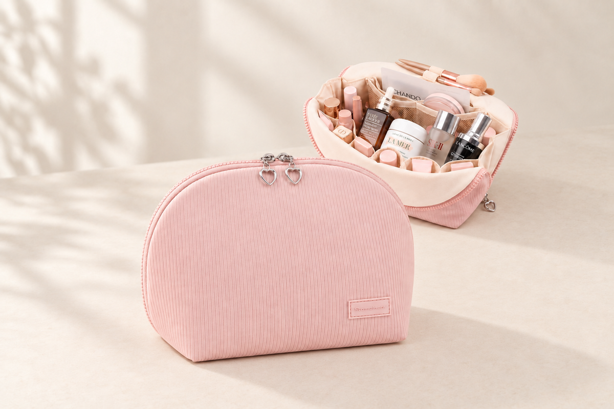 A pink makeup bag shown closed and open with cosmetics