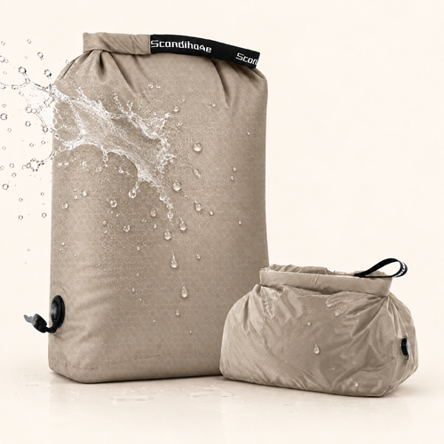 ScandiHome OEM-2354 Gray compression packing bag with illustrative water splash and surface droplets