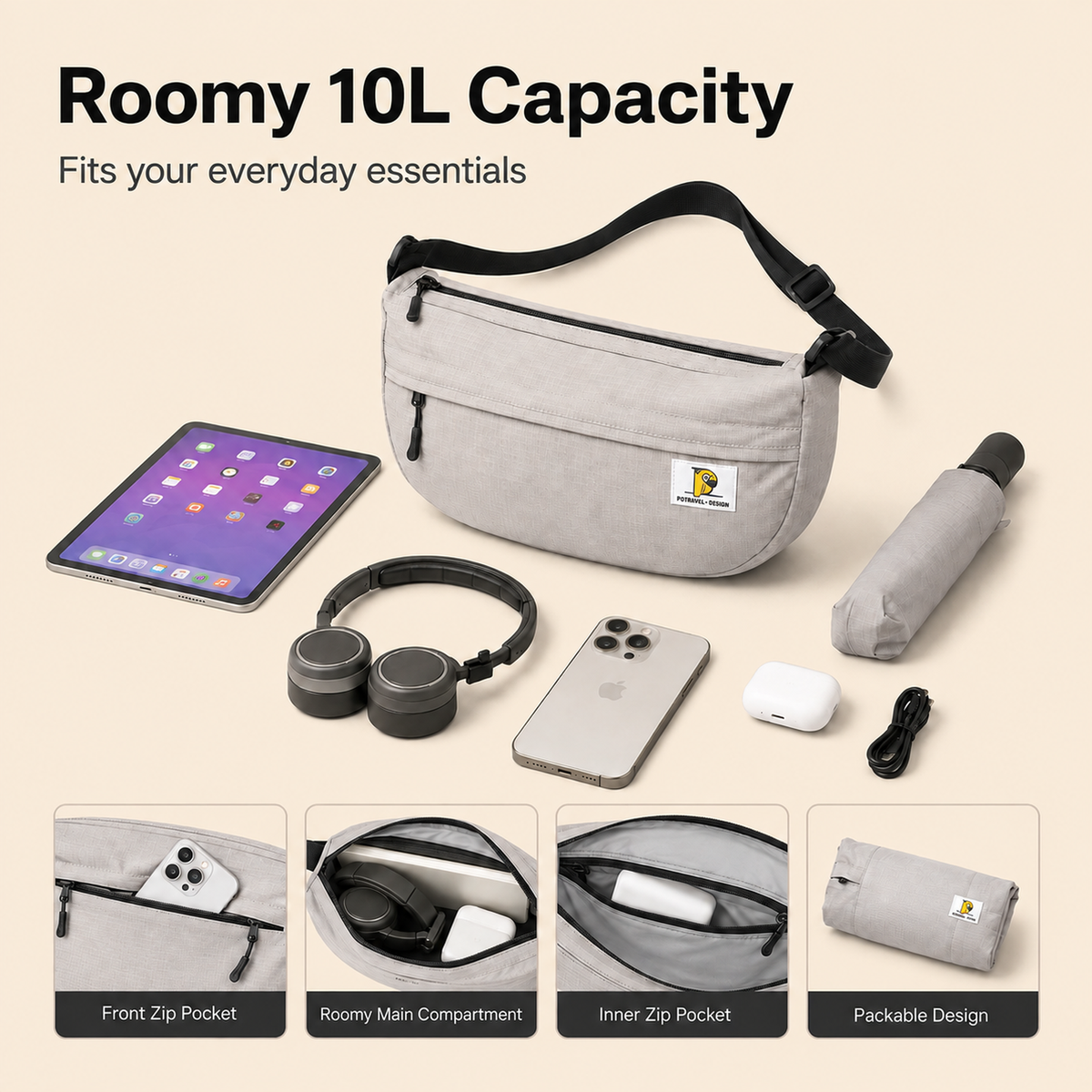 ScandiHome 10L crescent crossbody bag roomy capacity