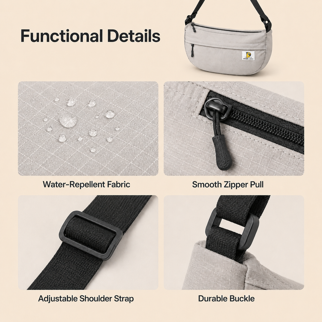 ScandiHome crescent crossbody bag functional zipper and strap details