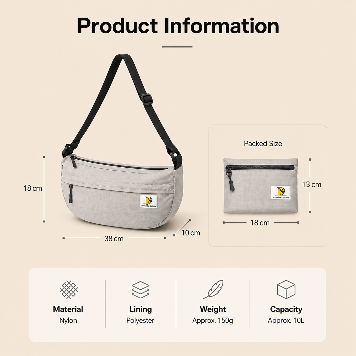 ScandiHome PT-2503 crescent crossbody bag dimensions and product information