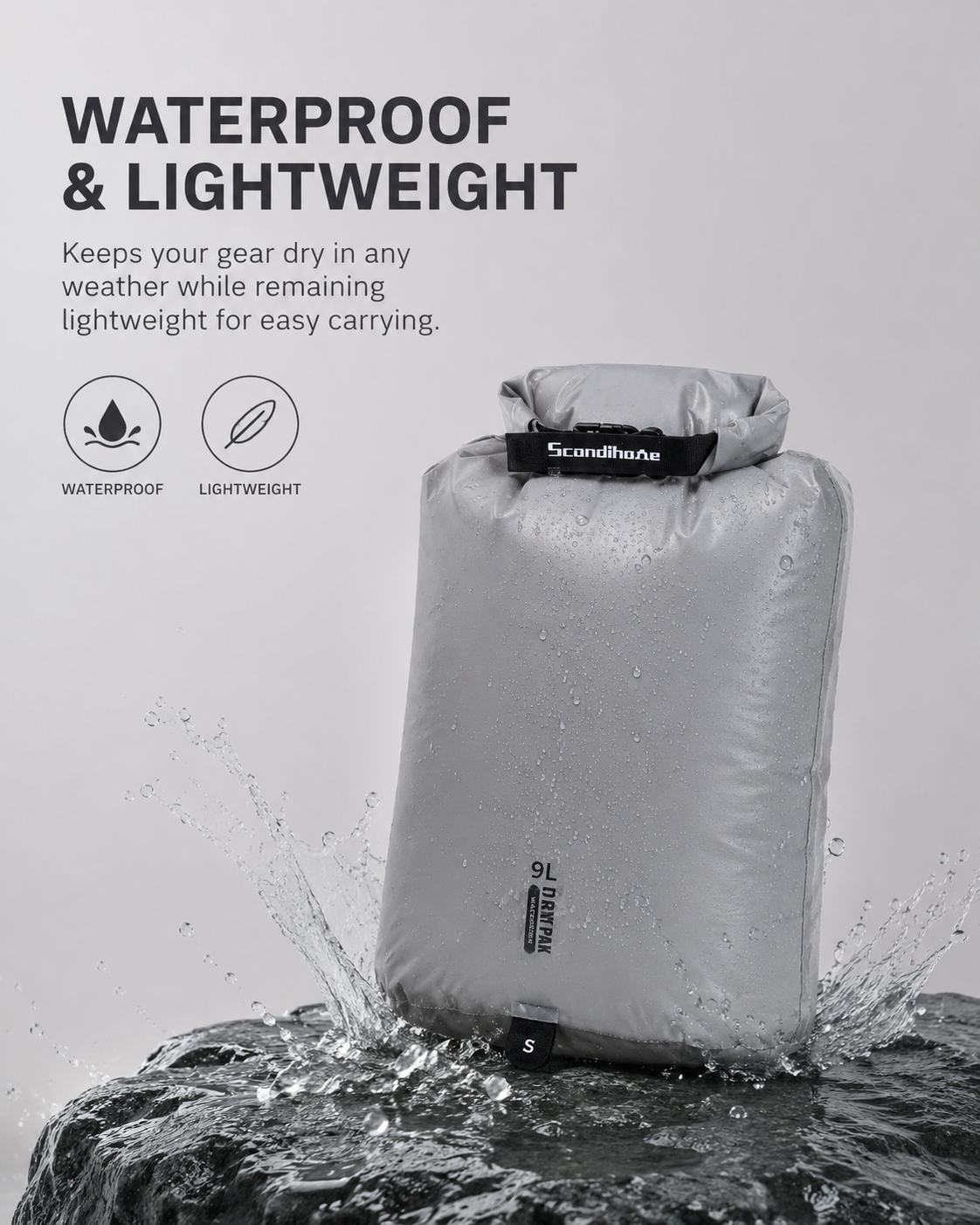 Water resistant lightweight dry bag with splash protection