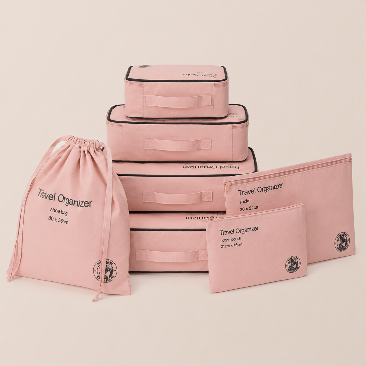 Dusty Pink 7-piece travel organizer set