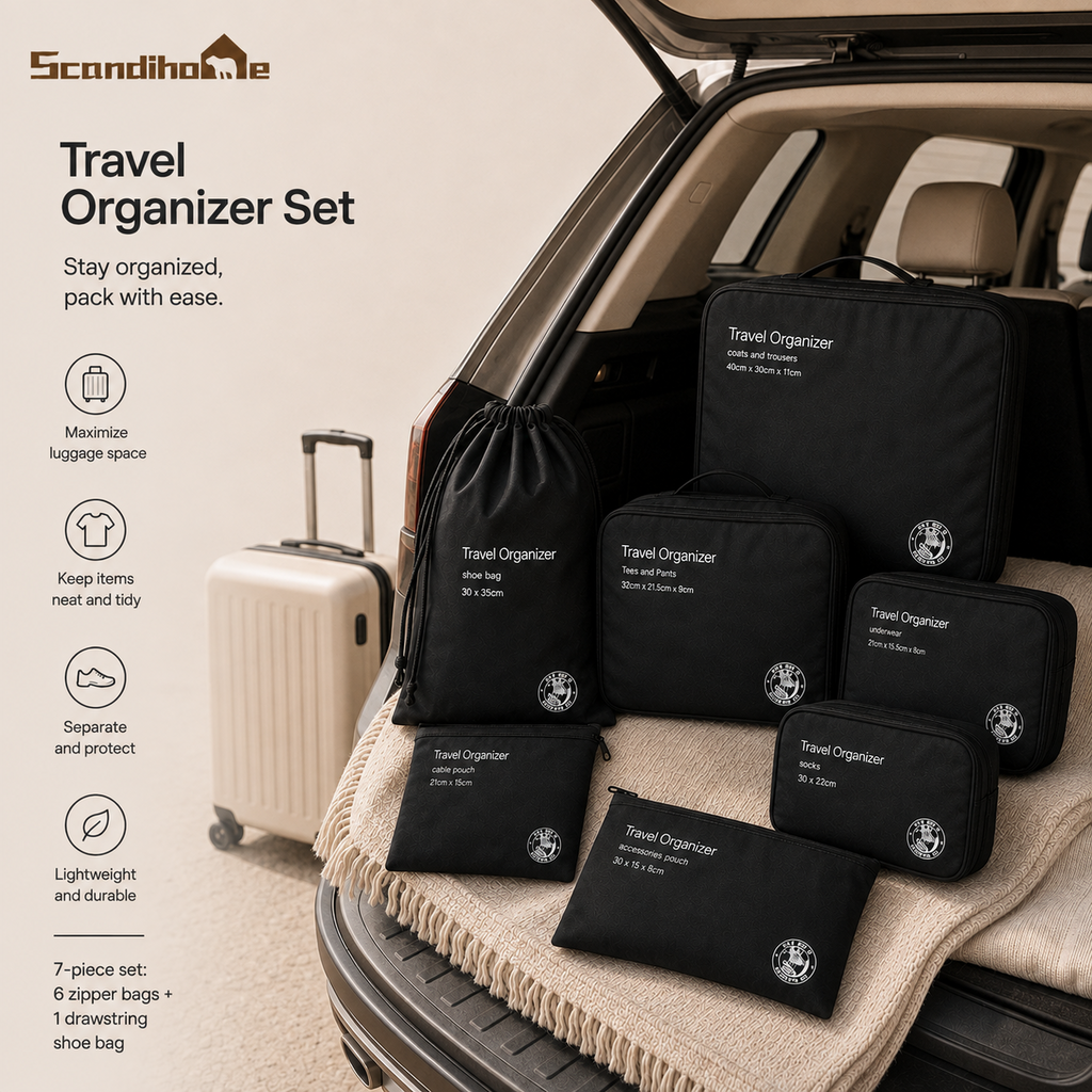 Seven-piece packing organizer set for suitcase travel