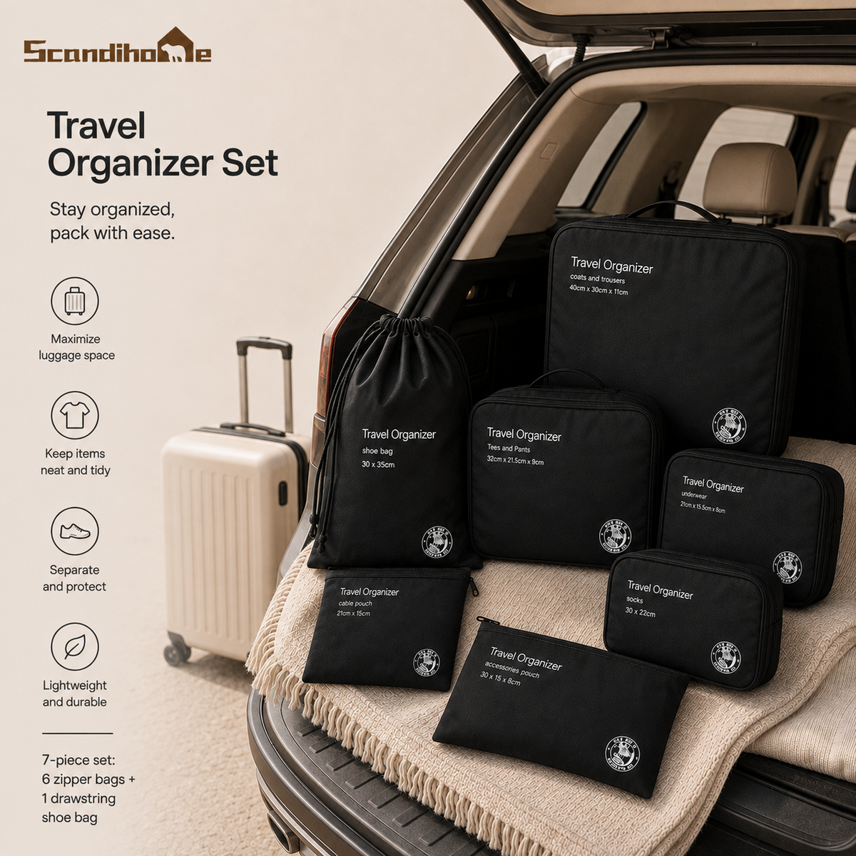 Seven-piece packing organizer set for suitcase travel