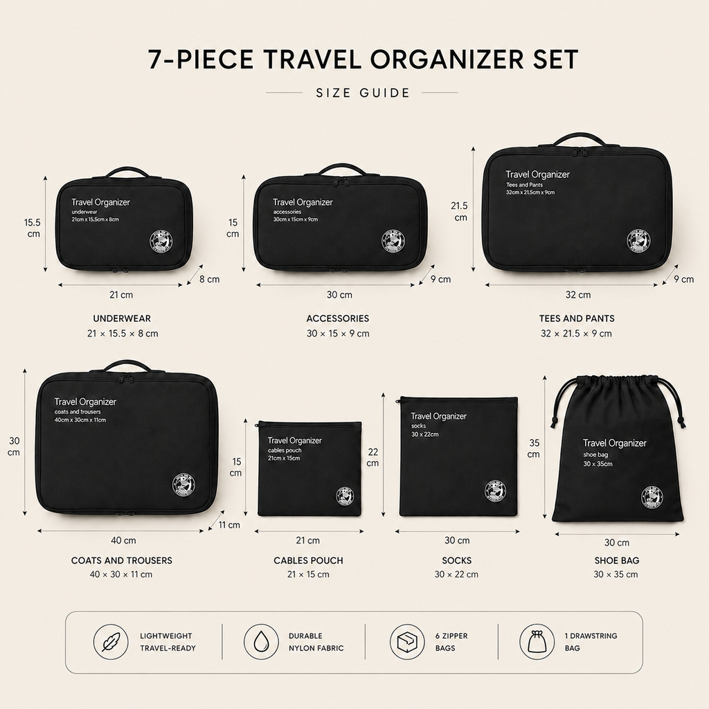 PT-2405 travel organizer set dimensions and size guide