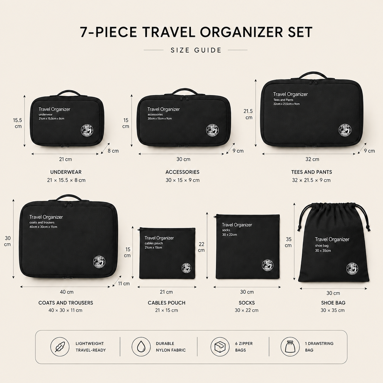 PT-2405 travel organizer set dimensions and size guide