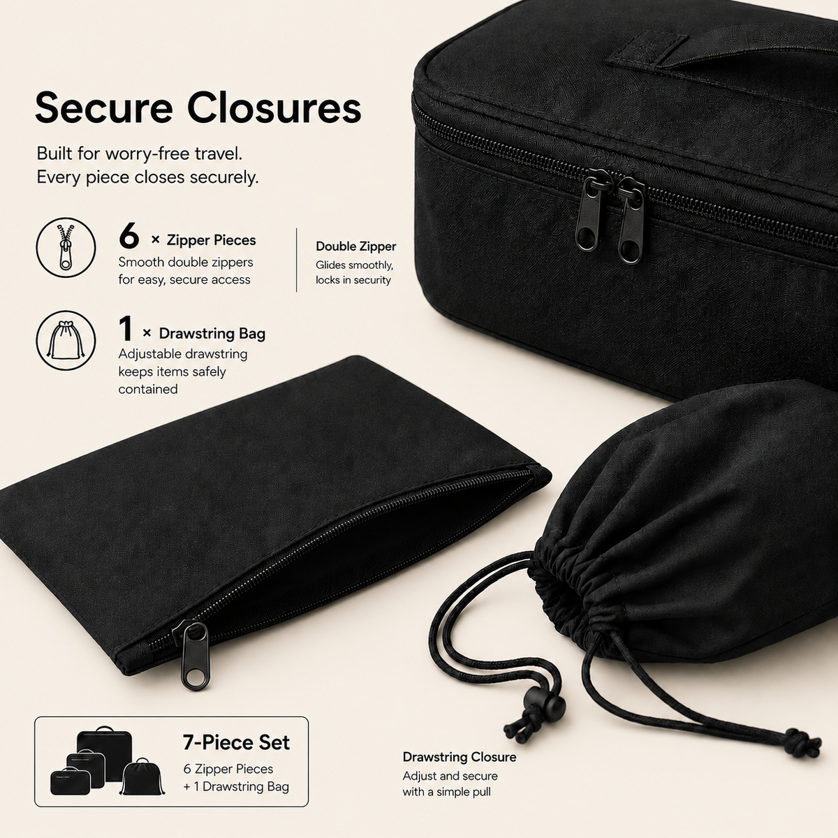 Travel organizer zipper handle and construction detail