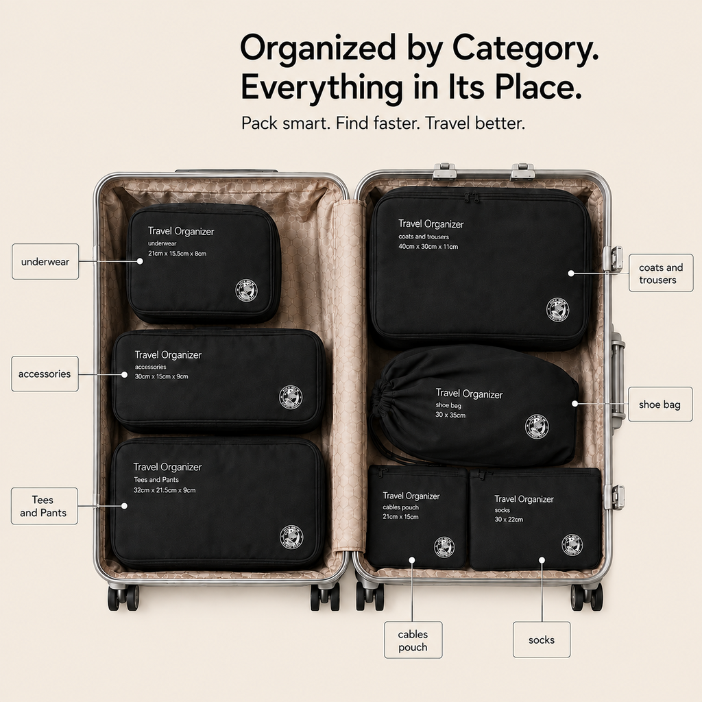 Travel organizers separating clothing shoes and accessories