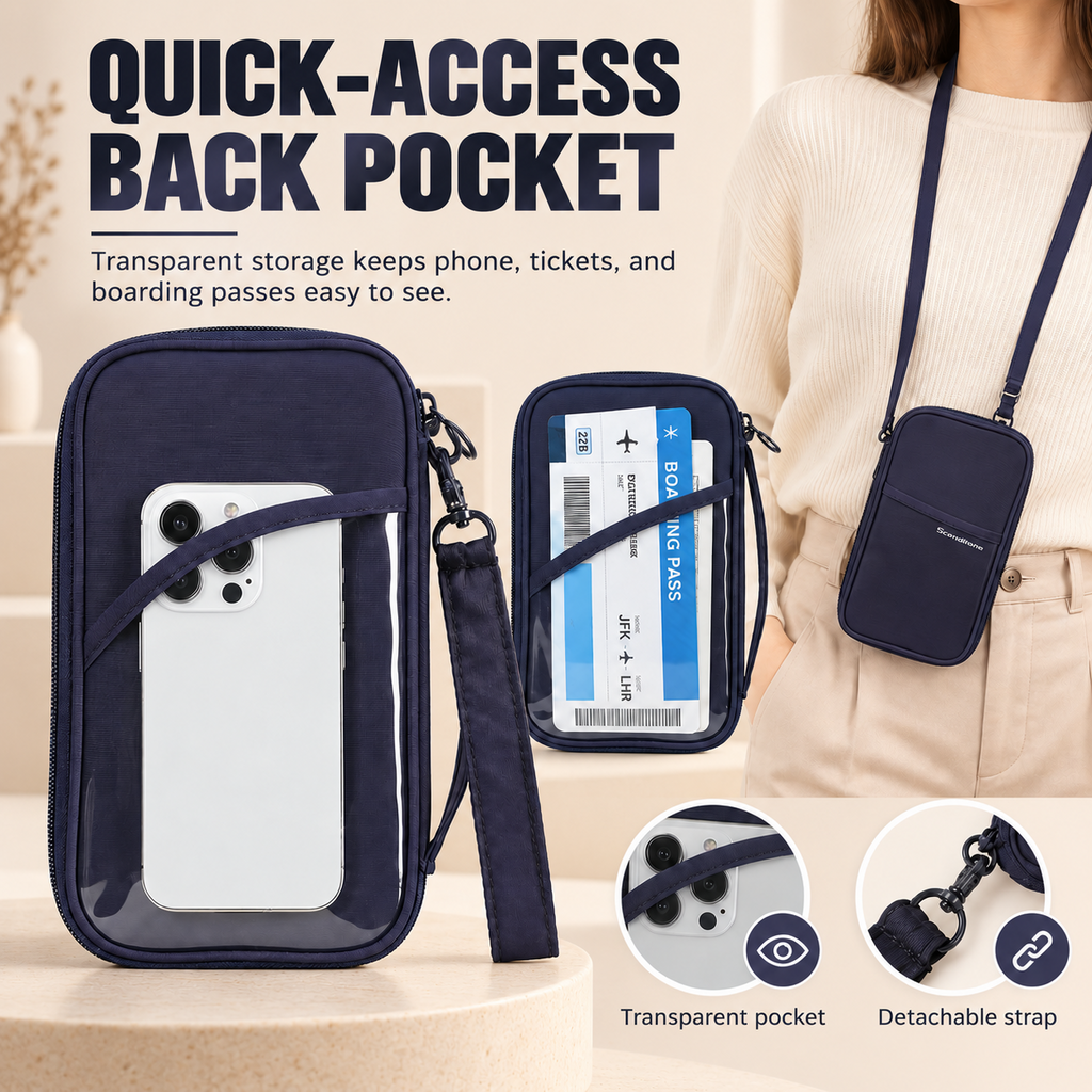 PT-2414 passport holder zipper wrist strap and storage details