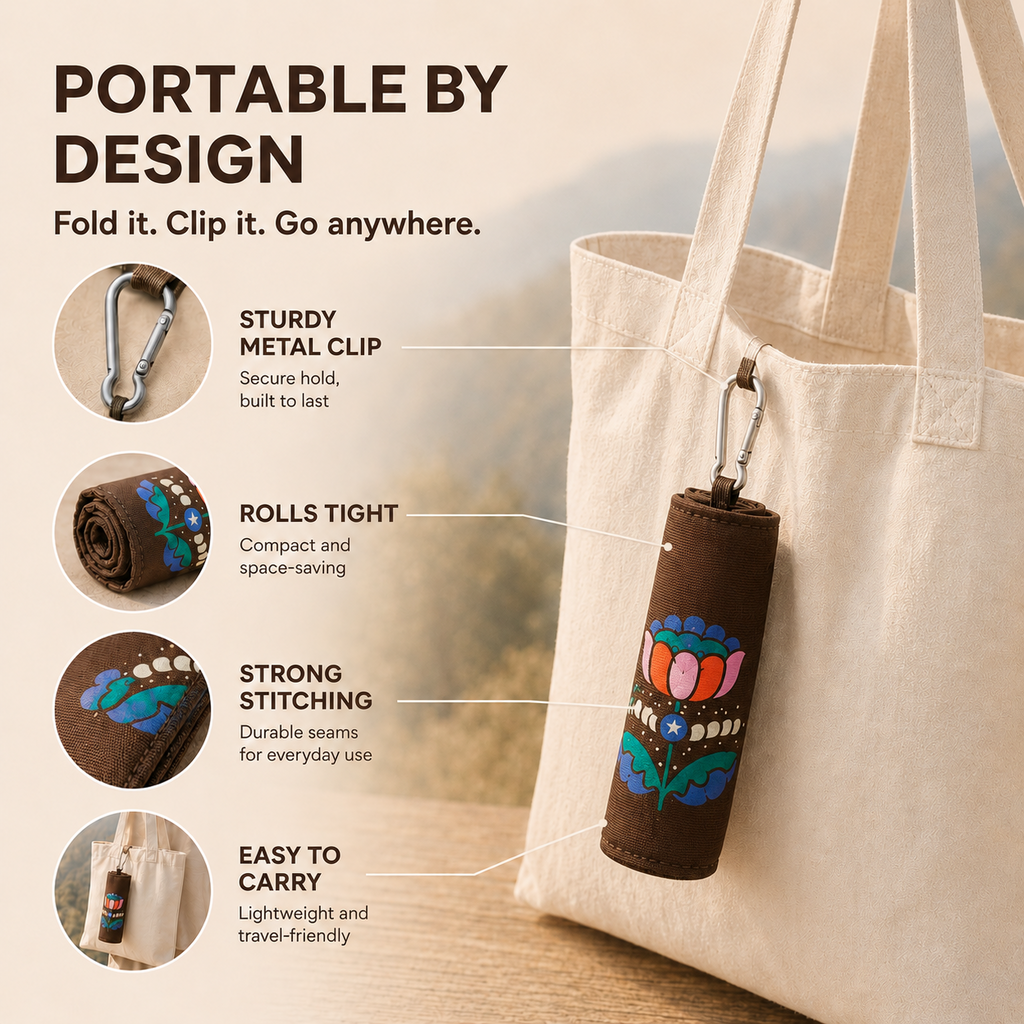 Compact roll-up storage and clip design for Scandihome PT-2601 outdoor sitting mat