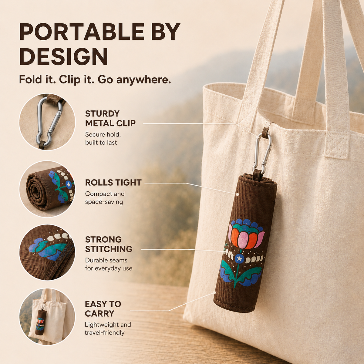 Compact roll-up storage and clip design for Scandihome PT-2601 outdoor sitting mat