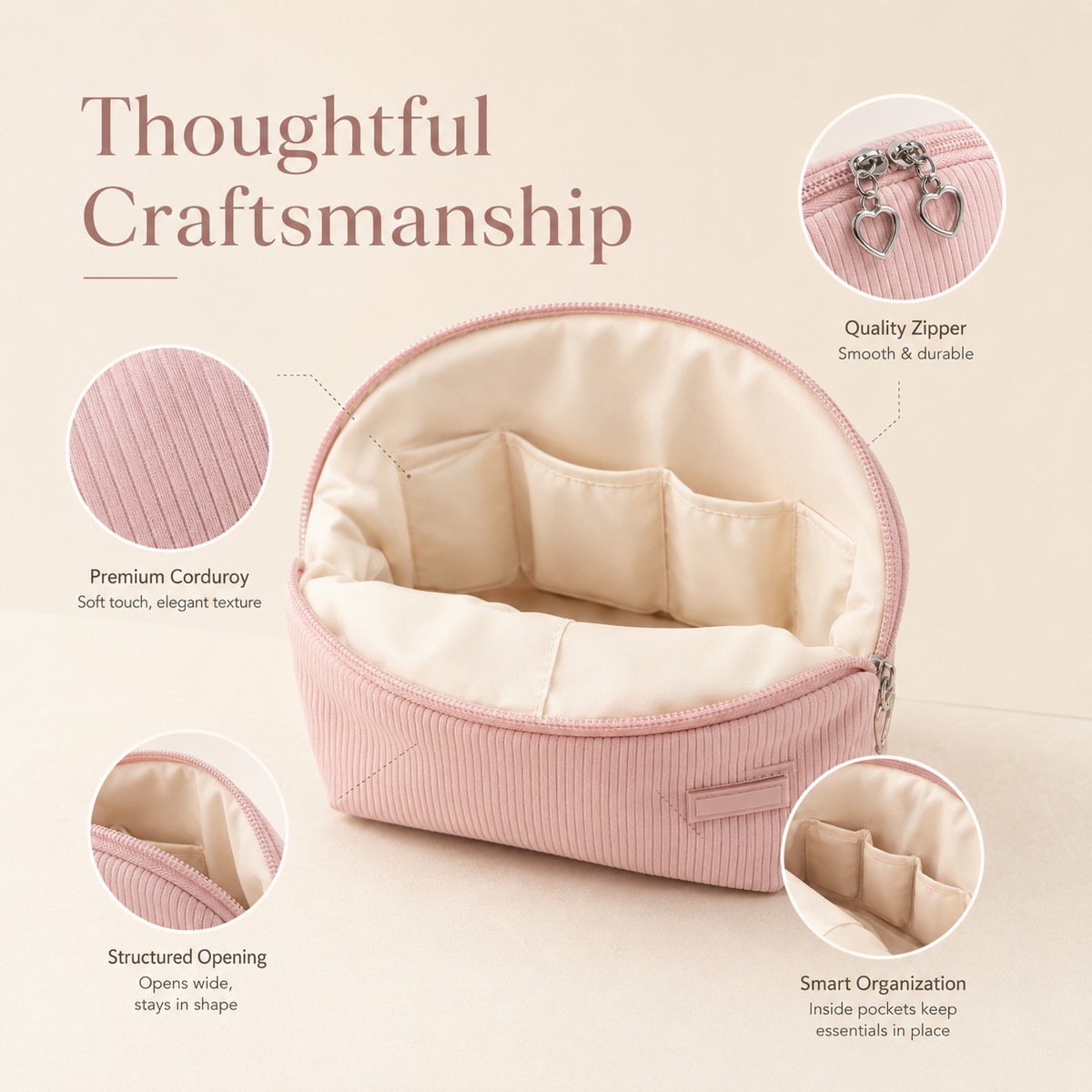 Corduroy makeup bag with reinforced stitching and heart-shaped zipper pulls