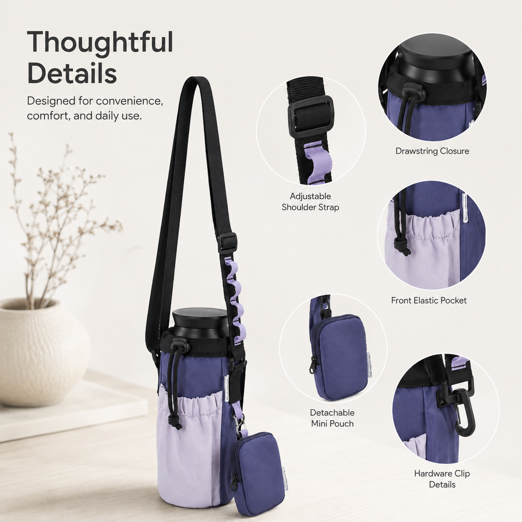 Hands-free crossbody carry of ScandiHome SH-2513 water bottle sling