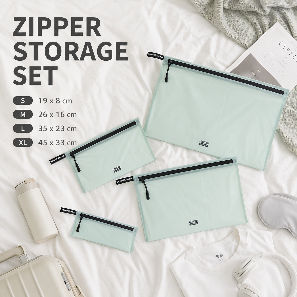 Standing display of travel organizer bag set