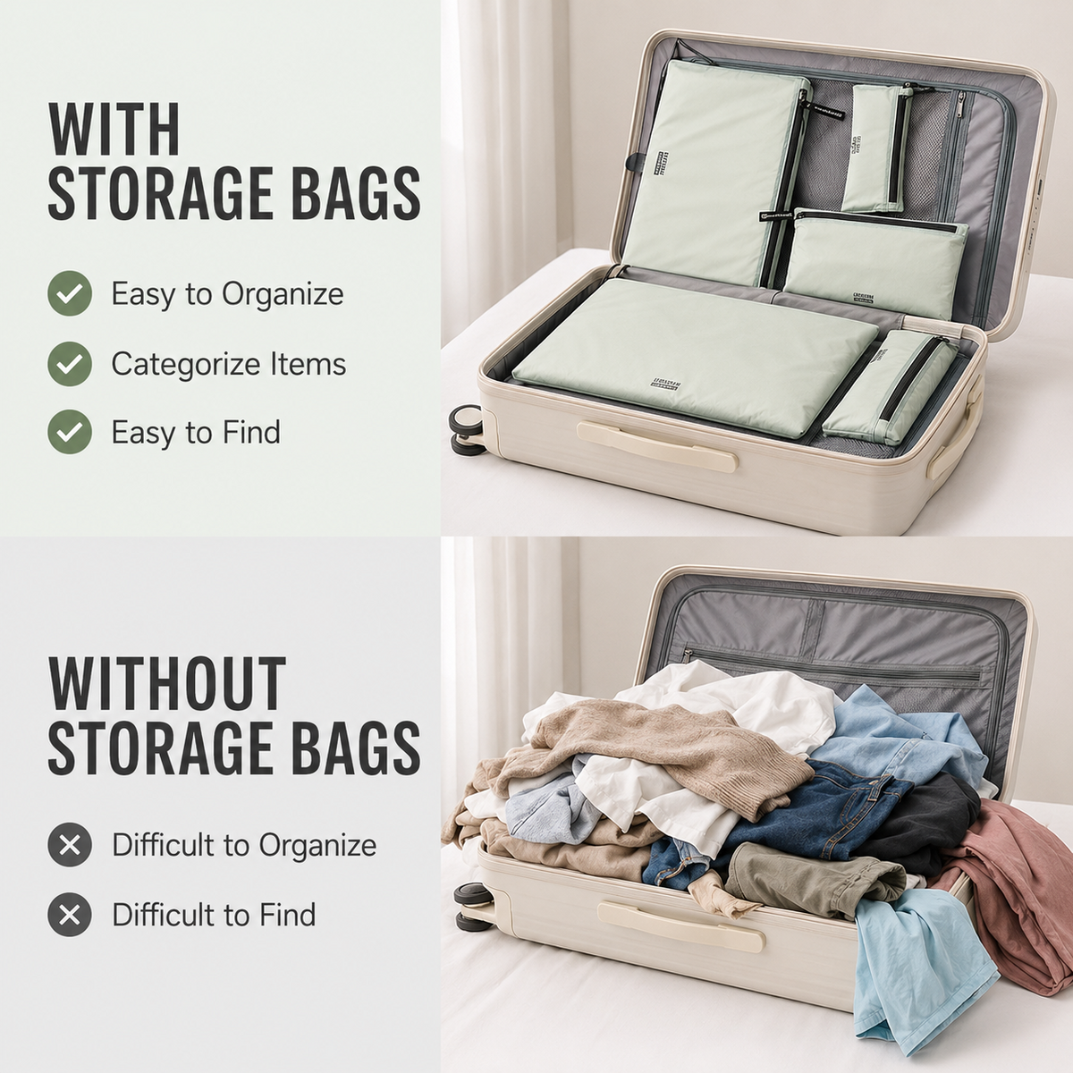 SH-2514 zipper storage bag set inside suitcase