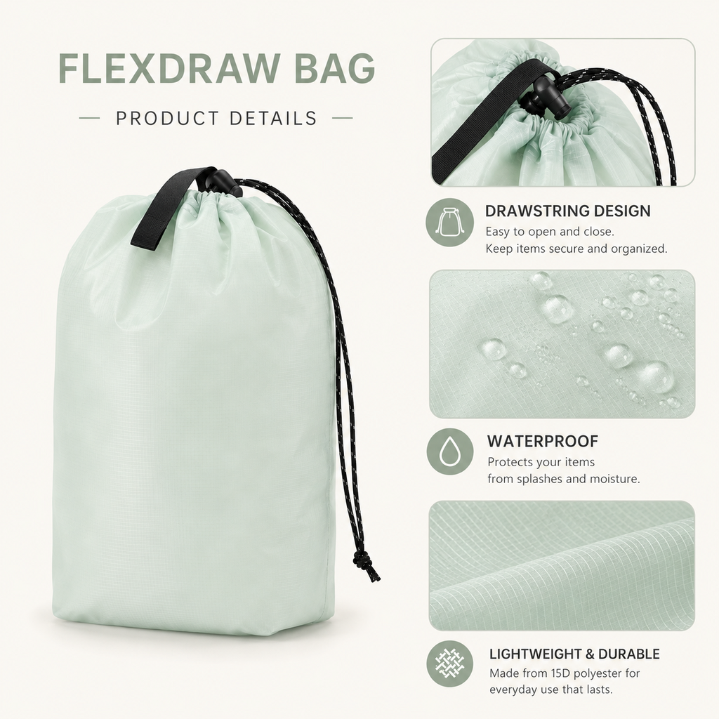 FLEXDRAW drawstring closure and fabric details