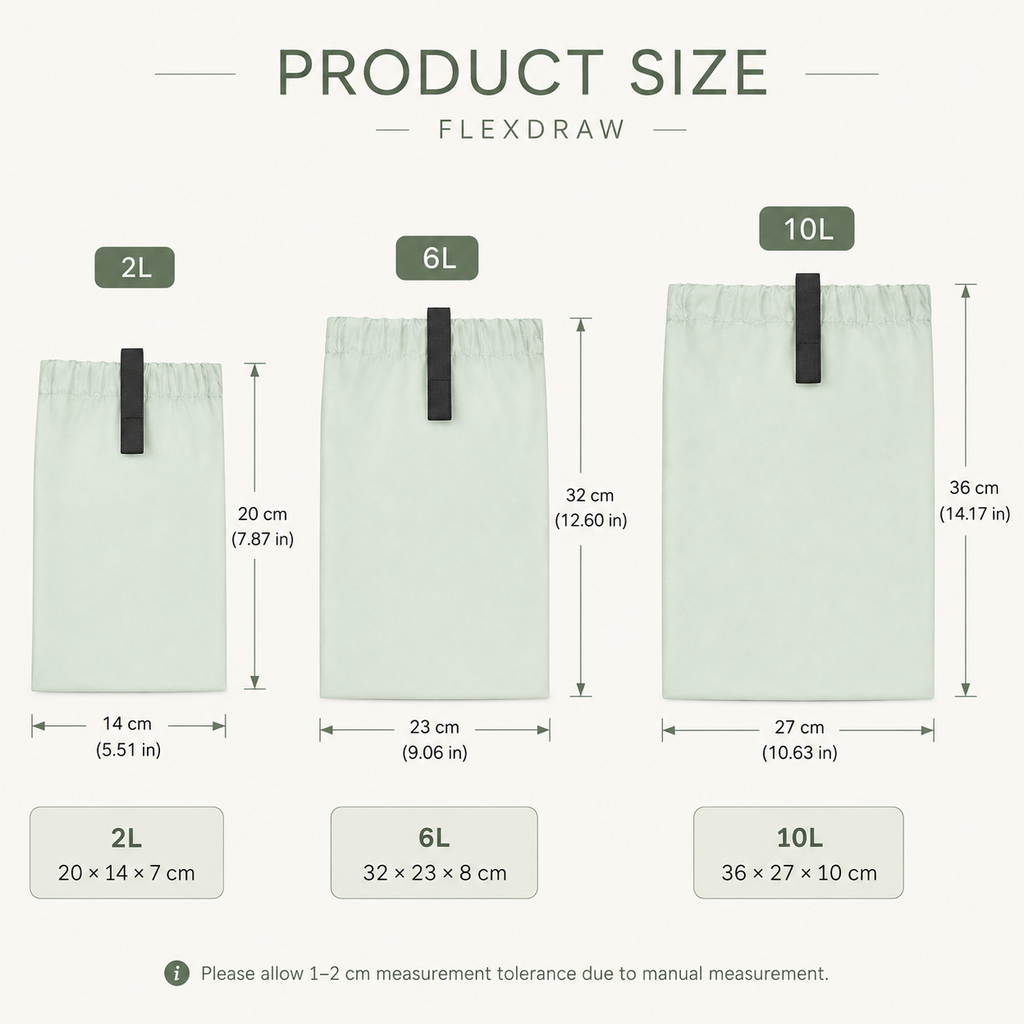 FLEXDRAW drawstring storage bag size guide