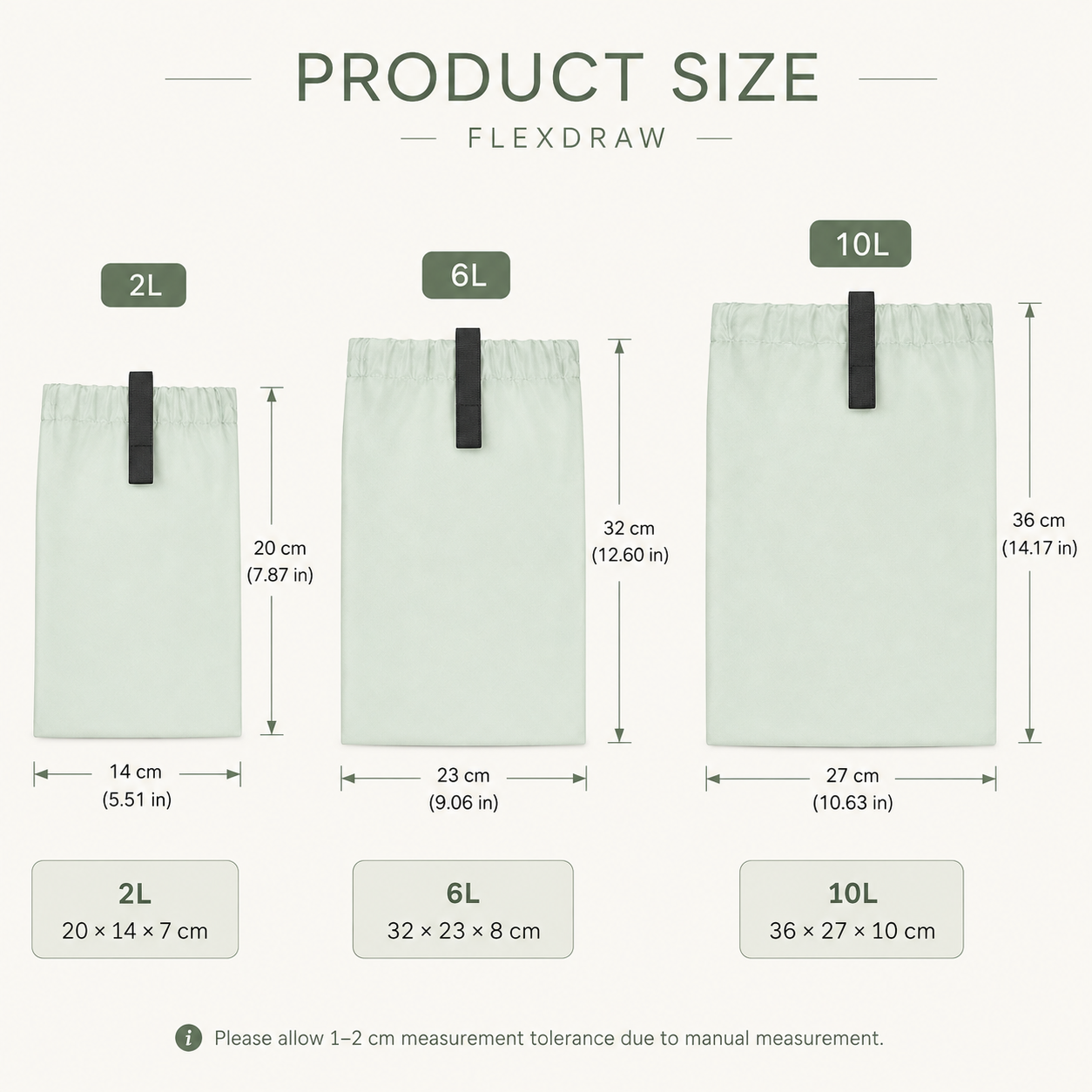 FLEXDRAW drawstring storage bag size guide