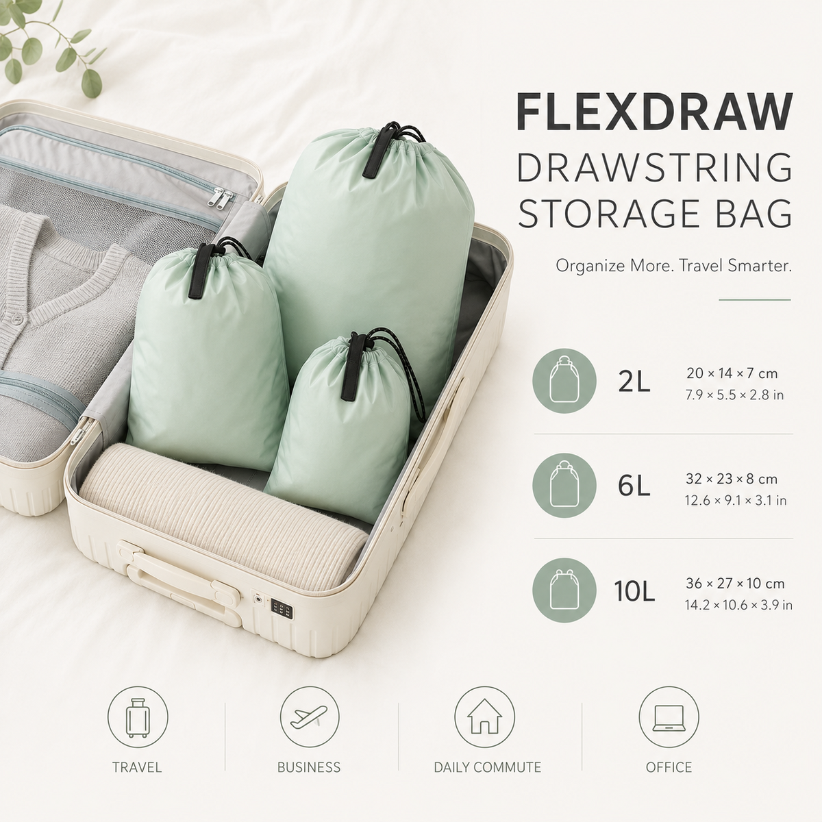 FLEXDRAW storage bag organizing a suitcase