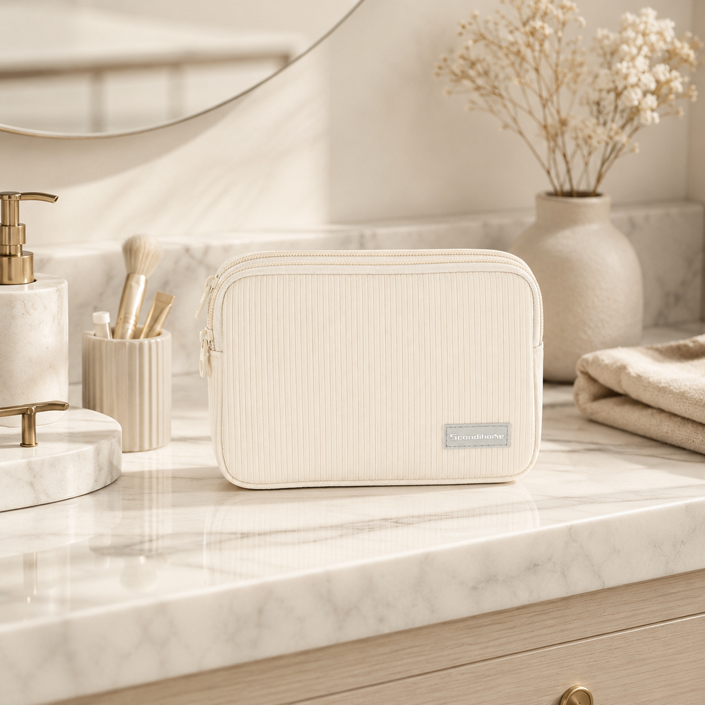 Scandihome travel makeup organizer on a minimalist vanity counter