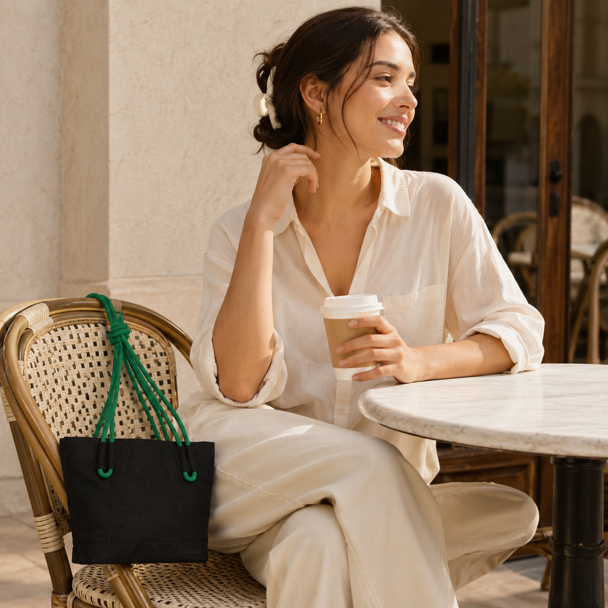 American woman carrying the black Scandihome SH-2602 mini tote at a café