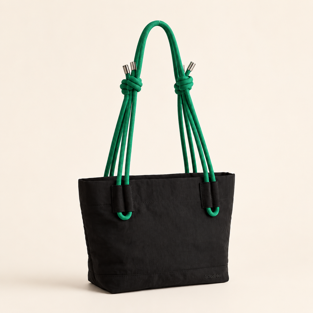Black Scandihome SH-2602 mini tote bag with green knotted rope handles