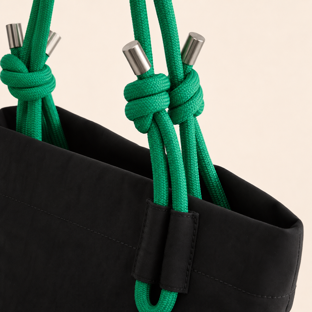 Green knotted rope handle detail on the black Scandihome SH-2602 mini tote