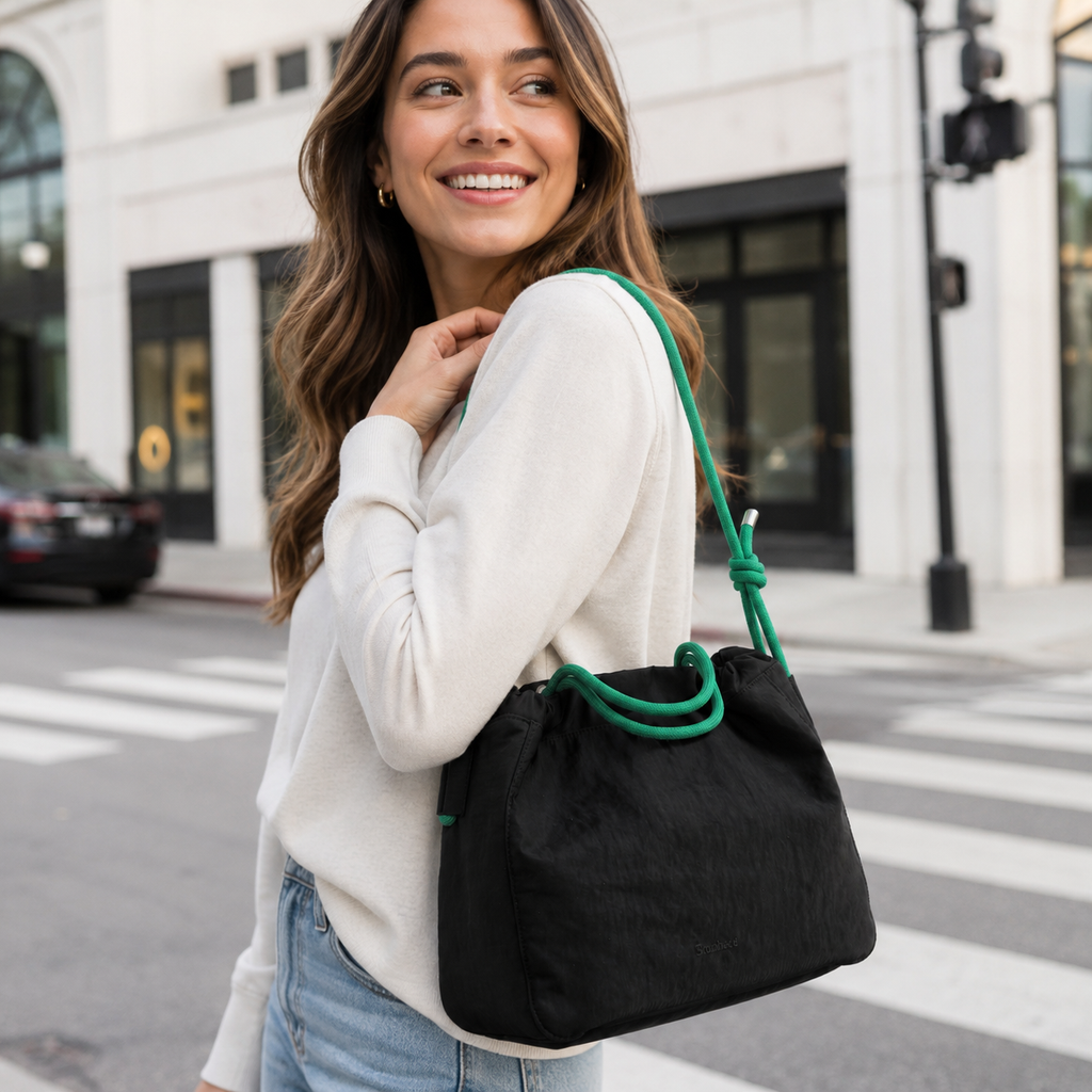 American woman wearing the black Scandihome SH-2604 shoulder bag in a city setting