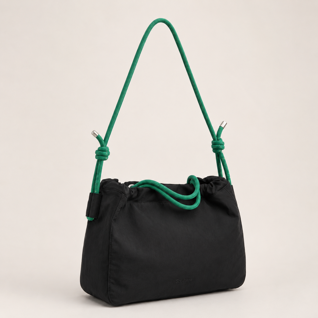 Black Scandihome SH-2604 drawstring shoulder bag with green rope strap