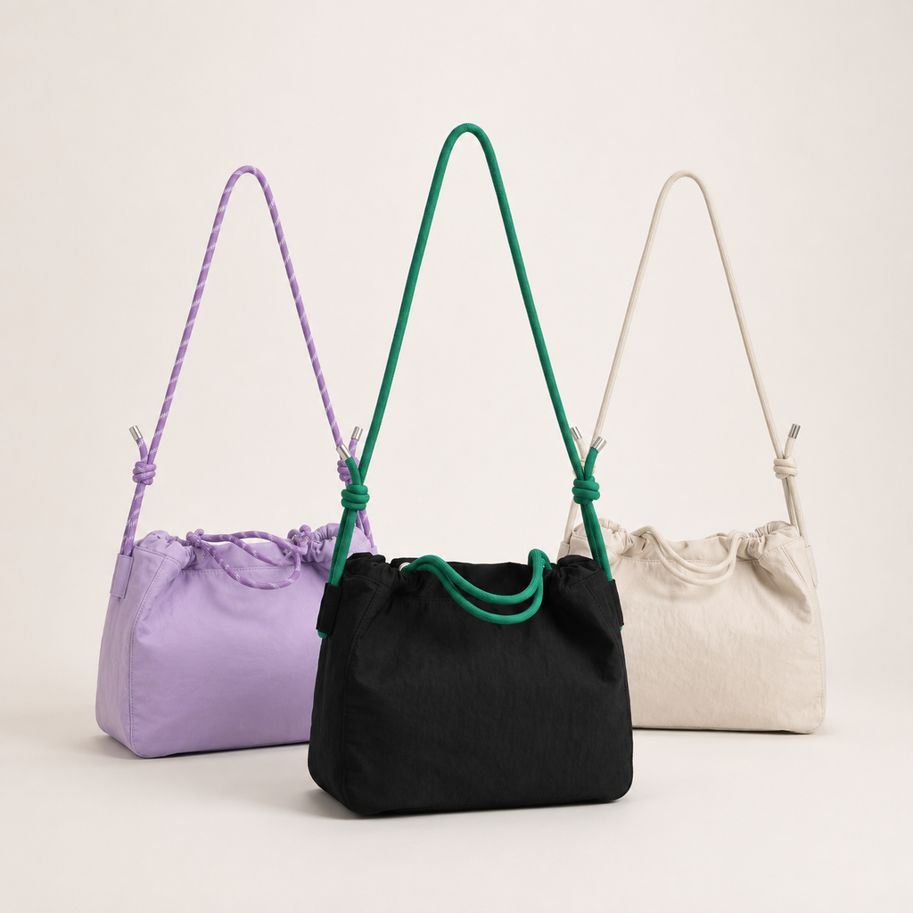 Scandihome SH-2604 drawstring shoulder bag in Black, Beige, and Lilac