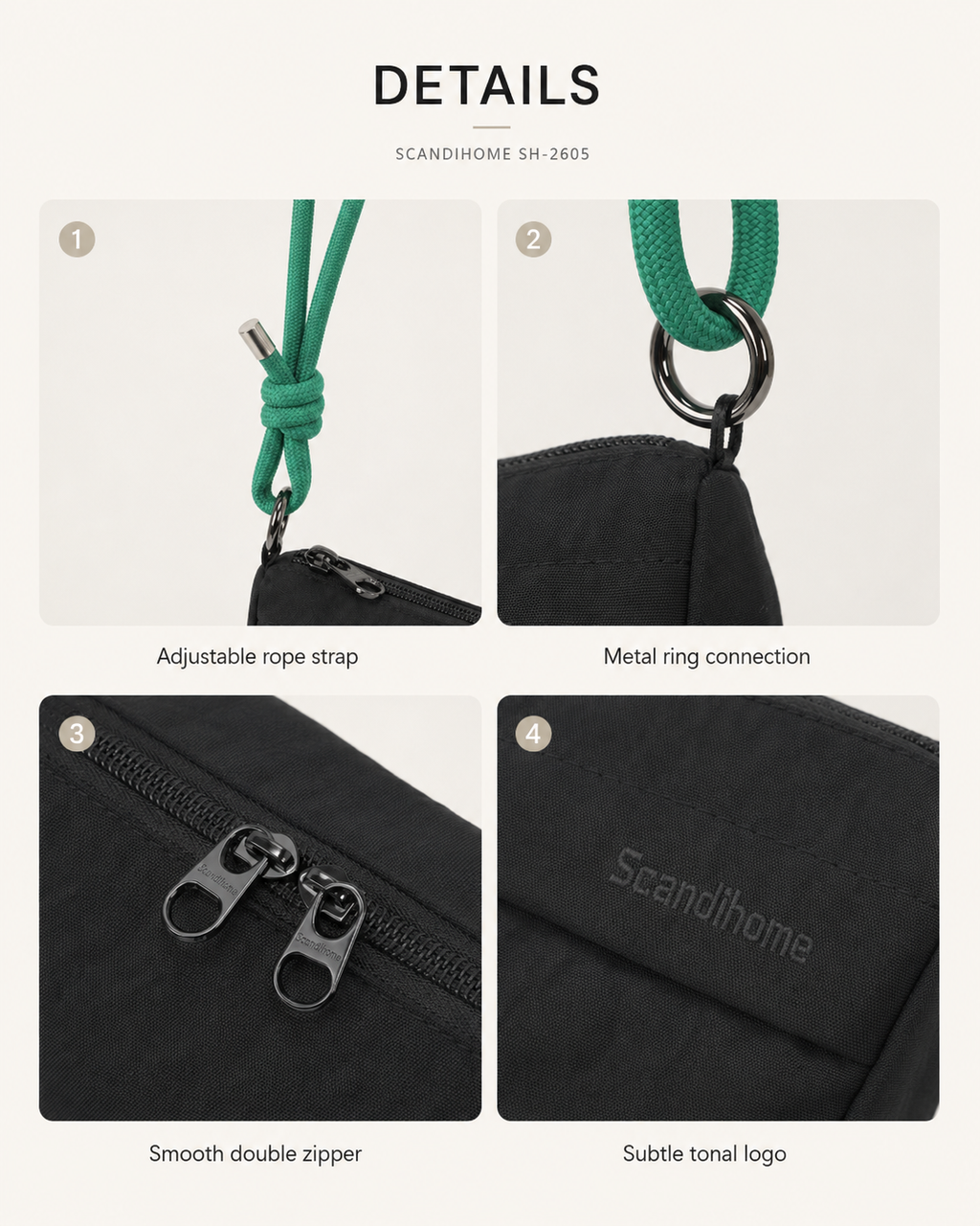 Black Scandihome SH-2605 crossbody bag double zipper and hardware detail