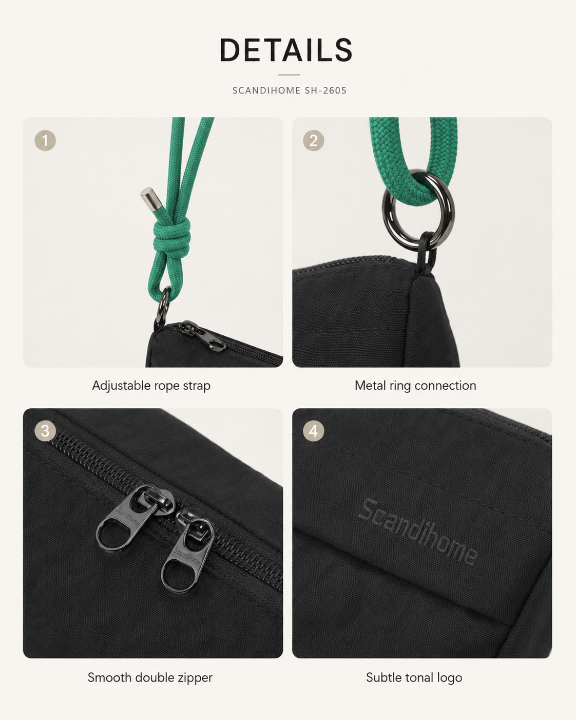Black Scandihome SH-2605 crossbody bag double zipper and hardware detail