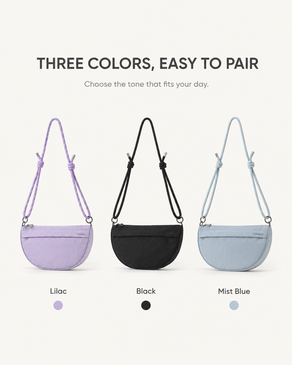 Scandihome SH-2605 crescent crossbody bag in Black, Lilac, and Mist Blue