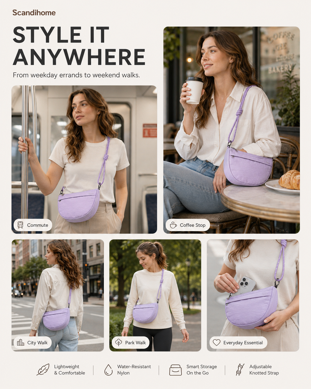 Scandihome SH-2605 crescent crossbody bag styled for everyday wear
