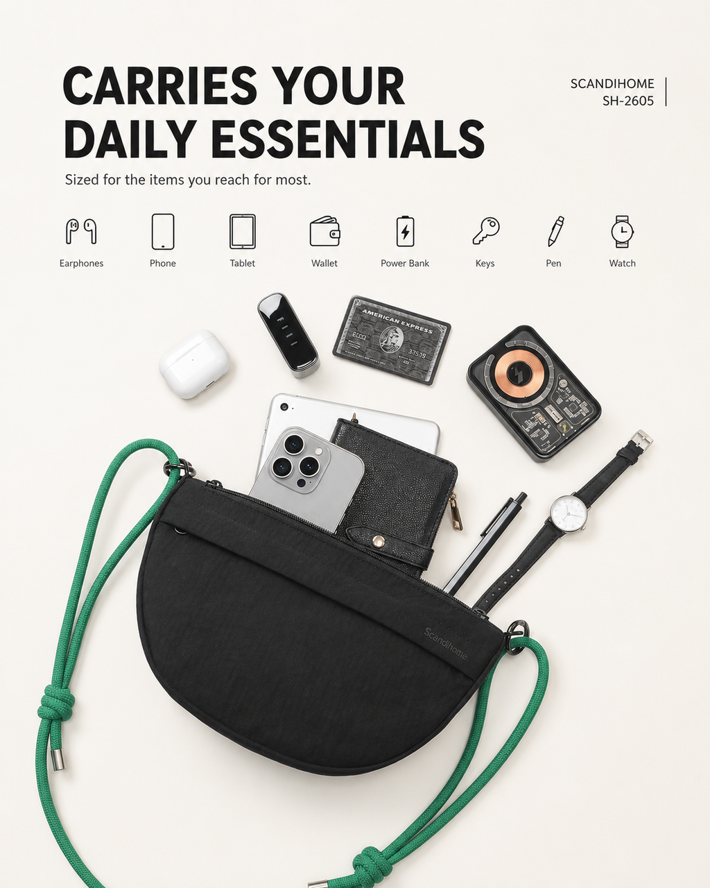 Scandihome SH-2605 crossbody bag shown with compact everyday essentials