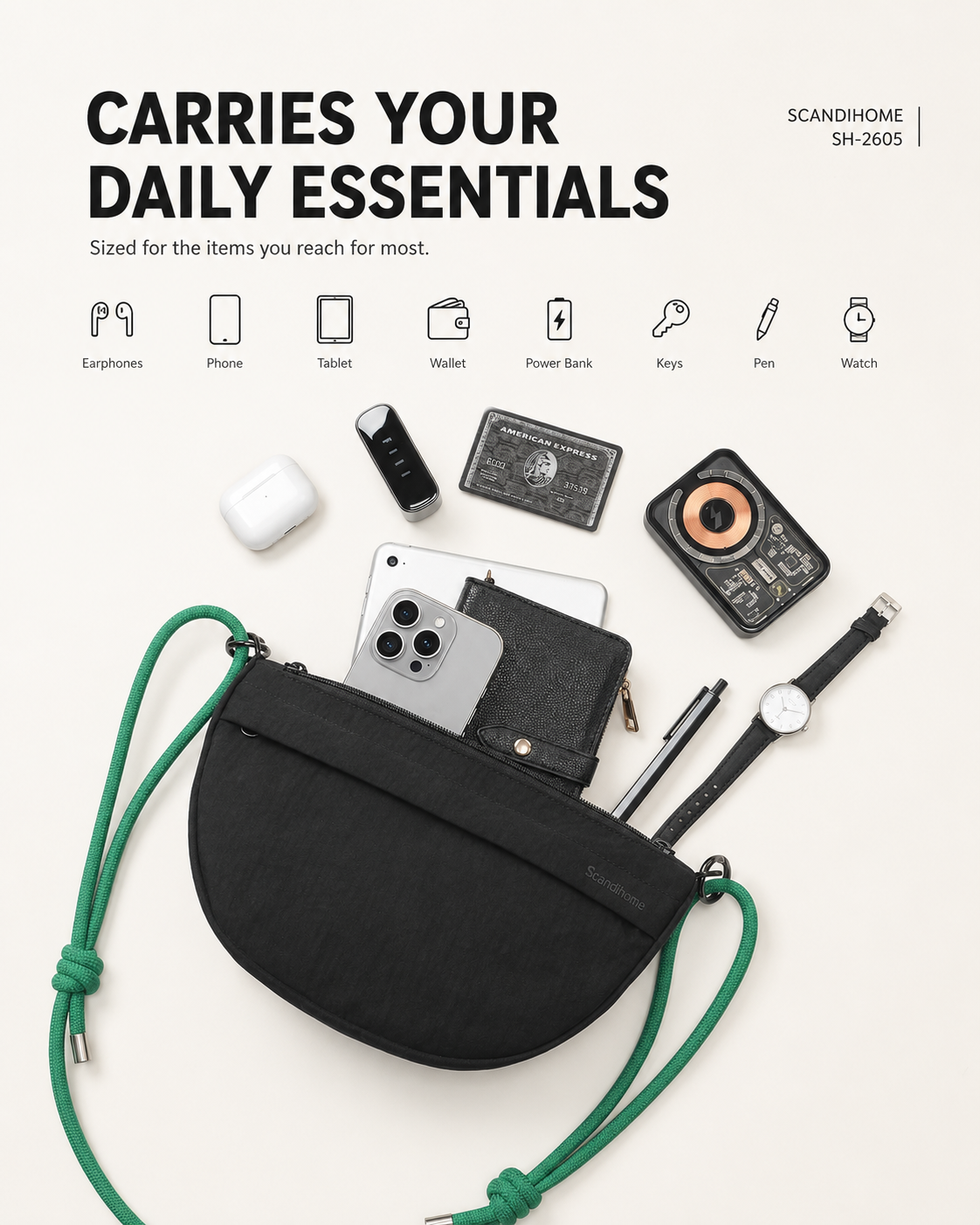 Scandihome SH-2605 crossbody bag shown with compact everyday essentials