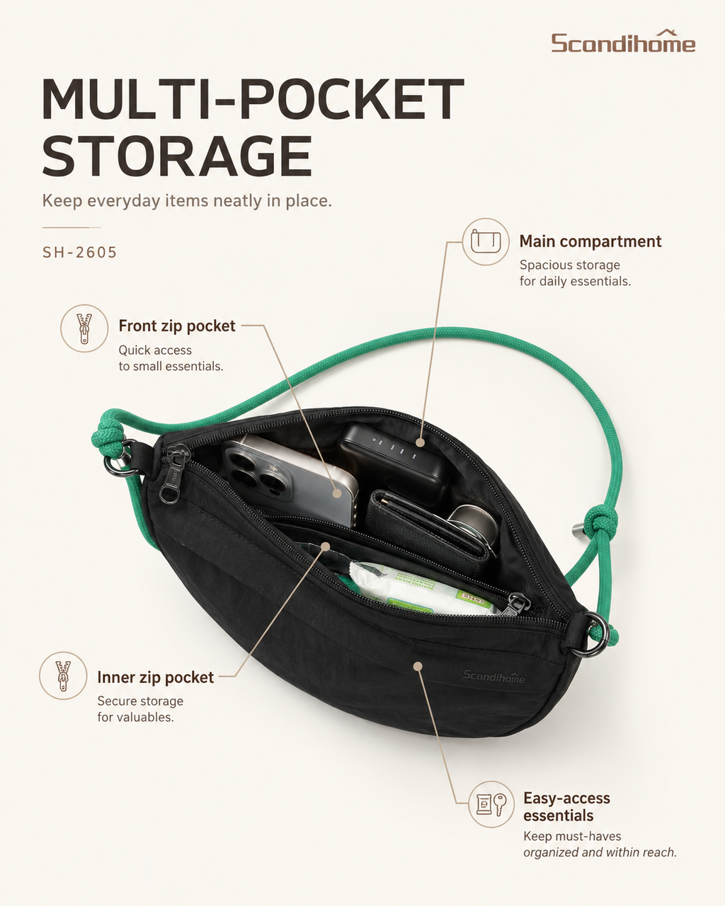 Front and inner storage pockets of the Scandihome SH-2605 crossbody bag