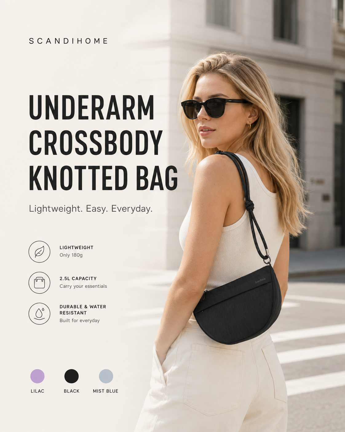 Scandihome SH-2605 lightweight crescent crossbody bag in a city lifestyle setting