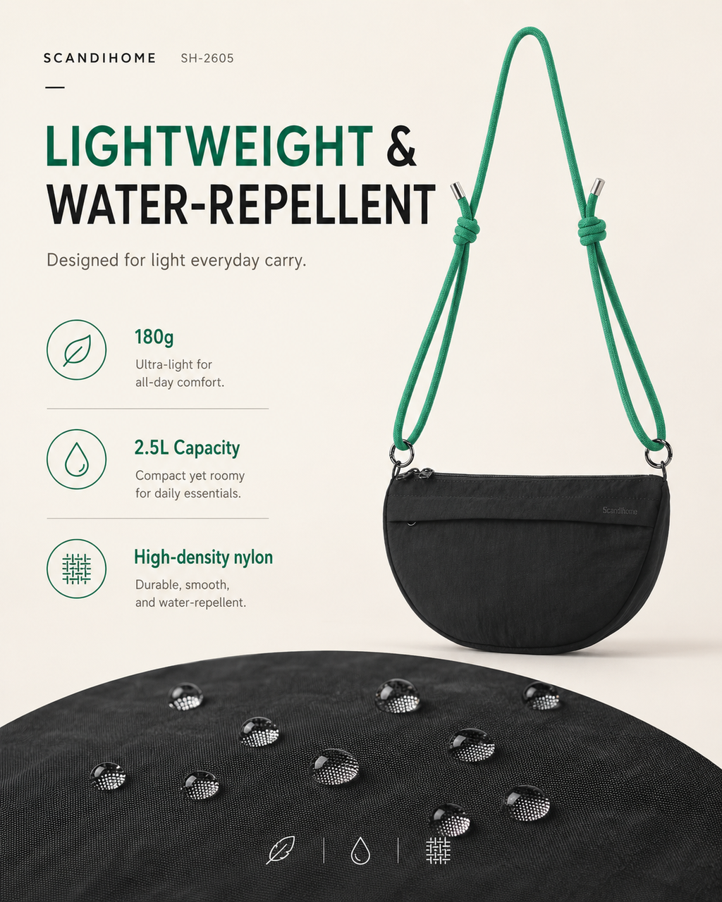Lightweight water-repellent nylon fabric feature of the Scandihome SH-2605 crossbody bag