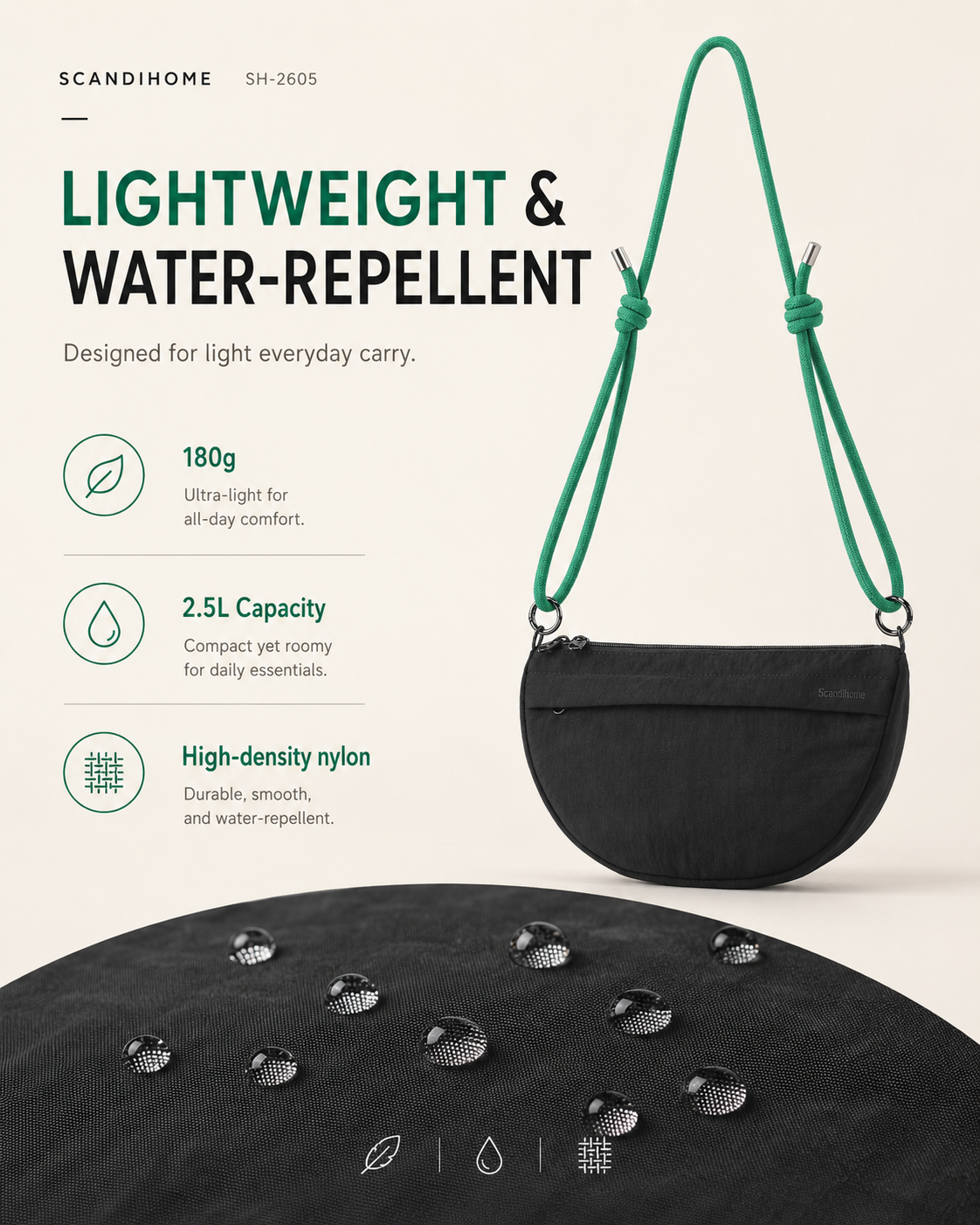Lightweight water-repellent nylon fabric feature of the Scandihome SH-2605 crossbody bag