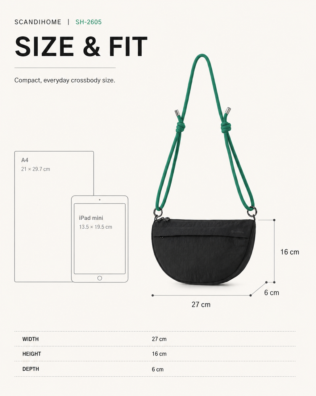 Size guide for the Scandihome SH-2605 crescent crossbody bag